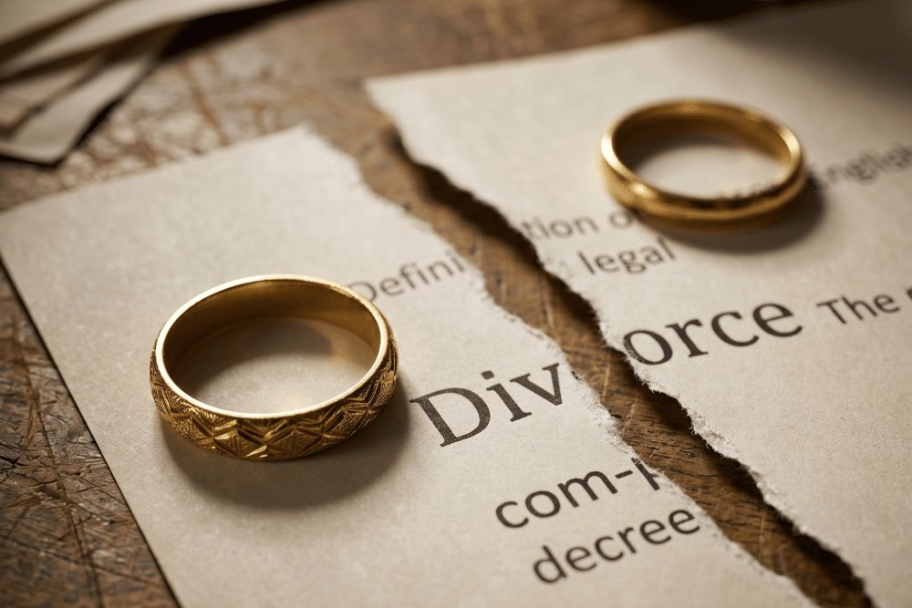 Divorce attorney South Florida Two gold wedding bands rested on torn divorce paperwork, symbolizing separation.