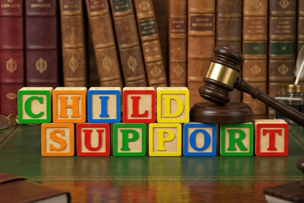 Child Support Lawyer Two gold wedding bands rested on torn divorce paperwork, symbolizing separation.