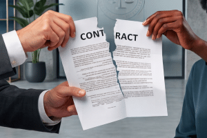 Two businesspeople hold torn contract papers apart, with the word 'CONTRACT' split between them, in a modern office setting.
