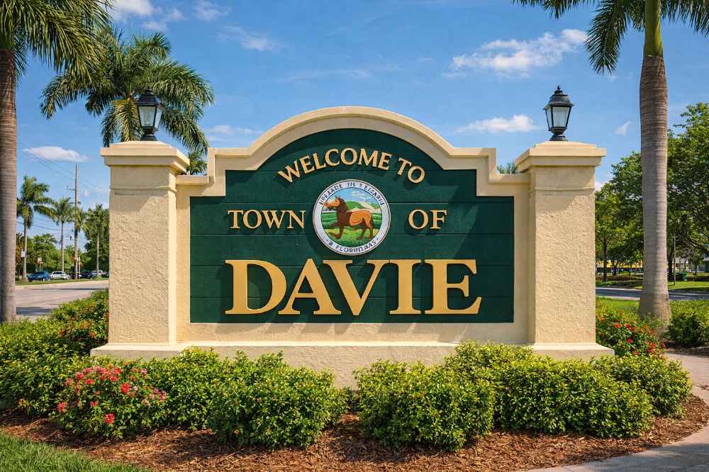 Davie Sunny coastal city with high-rise buildings along a marina and palm trees, blue sea in the background