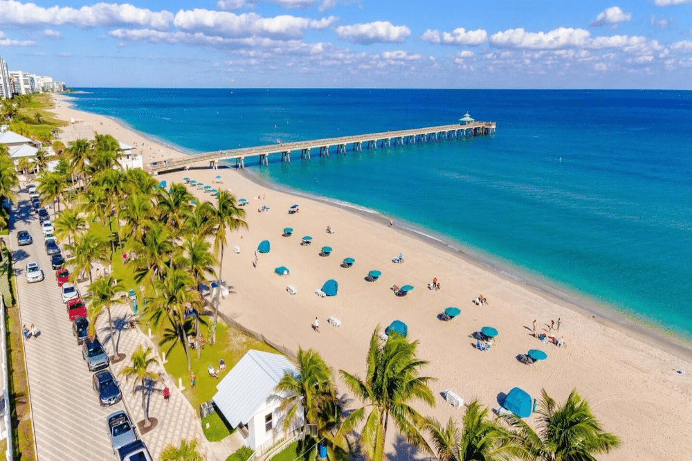 Deerfield Beach Sunny coastal city with high-rise buildings along a marina and palm trees, blue sea in the background