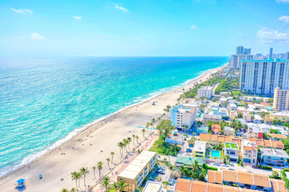 Hollywood-Florida Sunny coastal city with high-rise buildings along a marina and palm trees, blue sea in the background