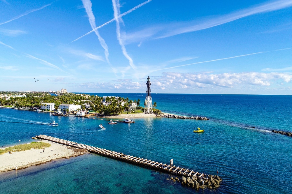 Sunny coastal city with high-rise buildings along a marina and palm trees, blue sea in the background